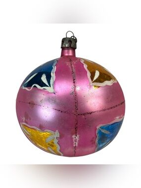 Vtg Fantasia Pink Mercury Glass Christmas Ornament Ball Blue Gold Panels Poland